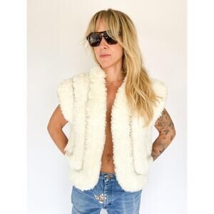 VTG 70s Cream Sherpa Vest – Boho Fuzzy Sleeveless Jacket, Cozy Shaggy Winter OS